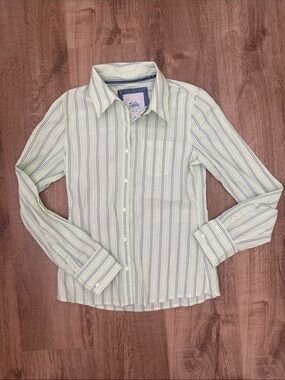 Justice Girls' Light Green and Blue Striped Button-Up Shirt, Size Medium (12)